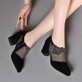 Women High Heel Shoes Fashion Mesh Breathable Pumps Pointed Thick Heels Female Dress Shoes Rhinestone Elegant