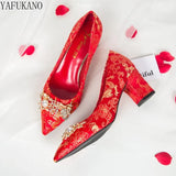 Wedding Shoes Thick Heel Red Rhinestone Buckle Bridal Shoes Party Dress Single Shoes Bridesmaid High Heels Women