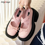 High Heels Platform Pumps Women 2023 Autumn Bowtie Crossed Straps Mary Jane Shoes Woman Pu Leather Thick Heeled Jk