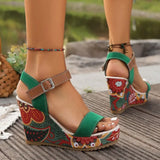 Breakj New Leisure Slope And Embroidery High Heel Sandals Women Buckle With Toe Thick-Soled Women's