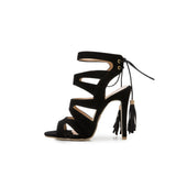 Thin Heel Sandal Women Summer 2023 Flock Gladiator Back Lace-up Peep Toe Rome Casual Sexy Pumps 34-50 Fashion Ladies