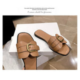 Women Slippers Leather Square Toe Women Flats Flip Flops Designer Ladies Slides Sandals Women Shoes Luxury