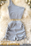 Casual Women 2 Piece Set Solid Summer Fashion One Shoulder Sleeveless Crop Top and Drawstring Shorts Workout