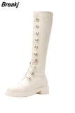 Winter Knee High Shaft Shoes for Woman White Women's Boots Middle Heel Round Toe Long Boot Work Cosplay Gyaru