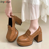 Mary Janes Shoes Women 9cm Thick High Heels 2024 Leather Platform Square Toe Pumps Ladies Solid Elegant party