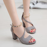 Spring Summer Sexy Fish Mouth Hollow Roman Sandals Thick With Word With Beaded High Heels Female Summer Sexy Female