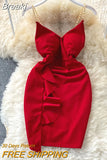 Beading Chain Spaghetti Strap Mini Dress Solid V-neck Sleeveless High Waist Ruffles Women Summer Club Party Bodycon