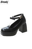 Black Ankle Strap Platform Pumps Women Pu Leather Square Toe Mary Jane Shoes Woman Goth Thick High Heels Shoes