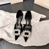 Toe Women Pumps 2023 New Arrivals Crystal Buckle Slip On Thin High Heels Black White Pink Dress Shoes Woman Size