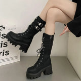 Women's Punk Gothic Boots 2023 Fashion Buckle Chain High Heels Mid Calf Boots Women Black Pu Leather Plus Size 42 Autumn