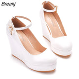 White Platform Wedges Wedding Shoes Pumps Women High Heels Round Toe Pumps Cross Buckle Fashion Footwear Leisure Mary