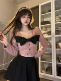 Autumn 2 Piece Dress Set Woman Bow Long Sleeve Short Cardgian + Pure Color Casual Mini Skirt Elegant Korean Suit