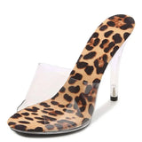 Summer Women Shoes New Fashion Leopard Print Slippers Crystal Open Toed Sandals Women Sexy Transparent Heel 11cm High