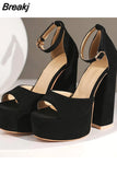 High Heeled Women's Sandals New Fashion 2023 Summer Ankle Buckle Flock Sandals European Style Sexy Party Banquet
