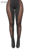 Black Mesh Patchwork Skinny Pants Women High Waist Perspective Solid Legging Pant Sexy Transparent Stretch Tight