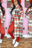 Elegant Office Lady Button Long Top Women Turndown Collar Long Sleeve Loose Jacket Fall Winter Plaid Print Coat