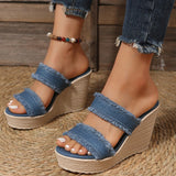 Denim Wedge High Heels Sandals Women Slip On Chunky Platform Slippers Woman Fashion Blue Thick Sole Slides Plus Size