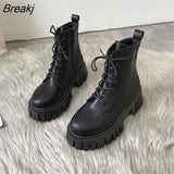 Autumn Winter Women's Shoes Thick Sole Lace-up Side Zippers Boots Leather High Heel Chunky Short Boot for
