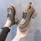 Women's Shoes British Style Chunky Platform Women Pumps 2023 Spring Lace Up Loafers Woman Round Toe Patent Leather