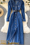 Vintage Blue Denim Dress Women Autumn Lapel Collar Full Sleeve Single breasted Korean Work OL Jeans Long Maxi