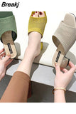 Women Slippers 2023 Summer Closed Toe Comfort Slippers Women Fashion Fly Weave Outdoor Sandals Women Medium Heel
