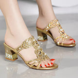 Women's Summer Fashion Wear Diamond-Encrusted Non-Slip Leather Thick Heel Slippers In