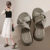 Women Slippers Summer Shallow Med Slides Platform Fashion Butterfly-Knot Shale Female Beach Soft Luxury Sabot