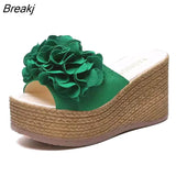 Women's Slippers Women's Fashion 2023 Summer Flowers Wear Thick-soled Slippers One Word Wedge Sandals Wedge Sandals