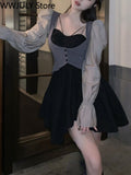 Vintage 2 Piece Dress Set Woman Lolita Y2k Mini Dress Casual Korean Style Strap Dress Sweet Kawaii Suits 2023 Spring