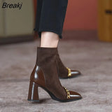 Thin Boots French Brown Square Toe Thick Heel High Heel Temperament Short Boots Autumn and Winter Single Boots