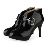 Autumn High 9.5cm Stiletto Heels Pumps Big Size 50 Women Shoes Round Toe Glossy Patent Leather Crystal Buckle Office