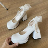 Pearls Strap Square Heels Pumps Women Shoes 2023 Fashion Pu Leather Platform Mary Janes Woman High Heels Party Wedding