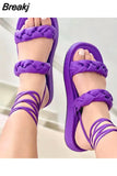 Women 2023 Fashion Woven Women's Sandals Summer Thick-soled Nude Lace-up Female Sandals Gladiator Beach Sandals
