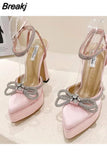 Women Pointed Toe Rhinestone Crystal Bowknot Ankle Strap Ladies Prom Footwear Sexy Platform Sandals High Thin Heels Ankle