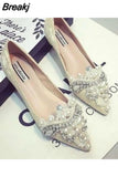 Crown Pearl soft Flats Wedding Shoes Pointed Toe Women Dress Moccasins Low Pearl Heel Ladies Fashion Luxury plus size