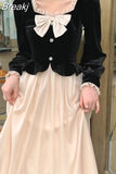 Velvet Midi Dress Woman Elegant 2023 Spring Patchwork Long Sleeve Casual Dress Korean Style Evening Party Dress