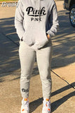 Hoodies Sporty Two Piece Set Women PINK Letter Print Sweatshirt And Skinny Pants Tracksuit Autumn Winter Casual