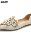 Women 2023 Designer Beads Wedding Lace Embroider Flats Woman Ballerina Pointed Toe Pearl Loafers Sneakers Plus