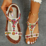 Women's T-Strap Colorful Beaded Flat Sandals Open Toe Elastic Ankle Strap Gladiator Shoes Woman Summer Bohemian Beach