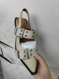 High Quality Women Sandals Pointed Toe Belt Buckle Flat Leather Femme Shoes Fashion Thick Bottom Sandals Designer