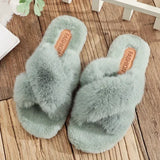 Women Warm Fluffy Slippers Cozy Faux Fur Cross Indoor Floor Slides Flat Soft Furry Ladies Cotton Slippers Flip