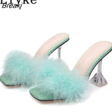 9CM Transparent High Heels Fur Slippers Women Feather Sandals Peep Toe Mules Lady Pumps Slides Party Shoes
