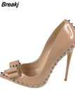 nude 12cm extreme high heels women shoes with bow rivets black red pointed toe shallow women pumps plus size MD002