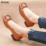 2022 Genuine Leather Square Toe Pumps Women Shoes Low Heel Shallow Round Buckle Slip-On Leather Casual Shoes For