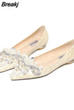 Crown Pearl soft Flats Wedding Shoes Pointed Toe Women Dress Moccasins Low Pearl Heel Ladies Fashion Luxury plus size