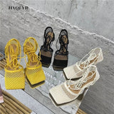 Summer New Sexy Yellow Mesh Pumps Sandals Female Square Toe High Heel Lace Up Cross-tied Stiletto Hollow Dress