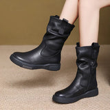 Breakj Layer Kraft Mid-Sleet Boots Women Autumn And Winter New Flat Bottom Comfortable Side Zipper Martin Boots Retro Style Horse