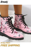 2023 Boots PU Faux Fur Foreign Trade Round Toe Lace-up Mid-tube Flat Heel Pink Leather Boots Plus Size