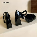 High Root Shoe Female 2023 Summer Retro Mary Jane Square Root Women's Shoes Color Matching Shallow Mouth Beaded High
