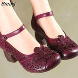 High Heels Genuine Leather Pumps Women Shoes 2023 New Autumn Retro Casual Round Toe Flower Handmade Ladies